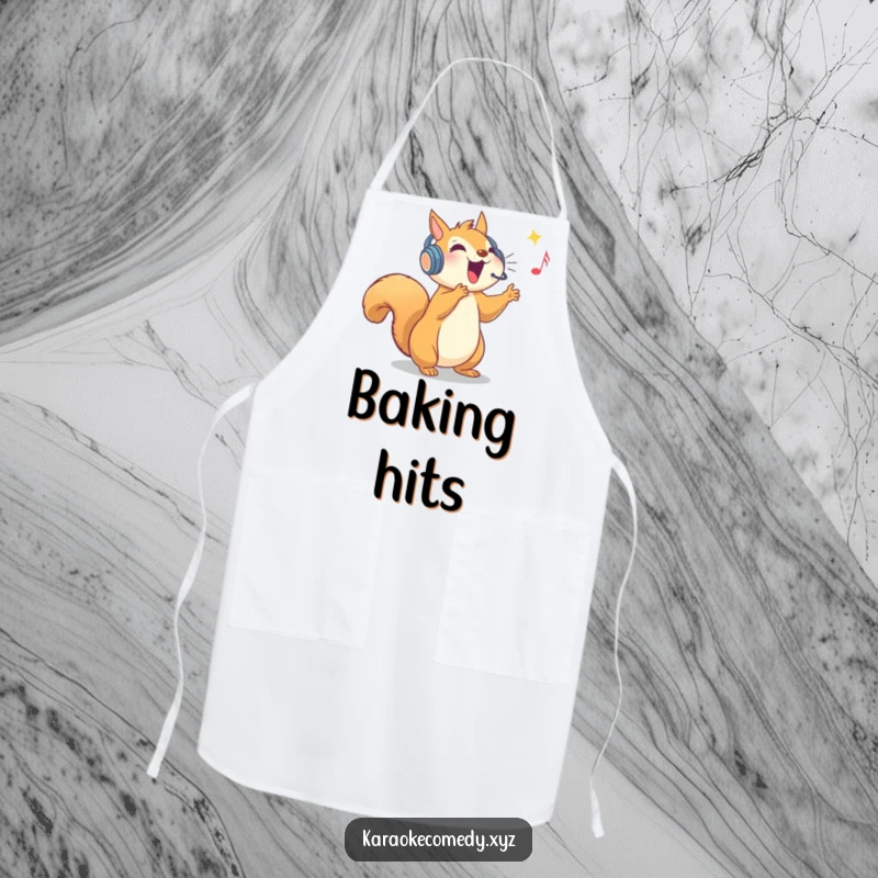 Funny apron with an ecstatic squirrel wearing a sparkly headset, hitting a high note while cooking.