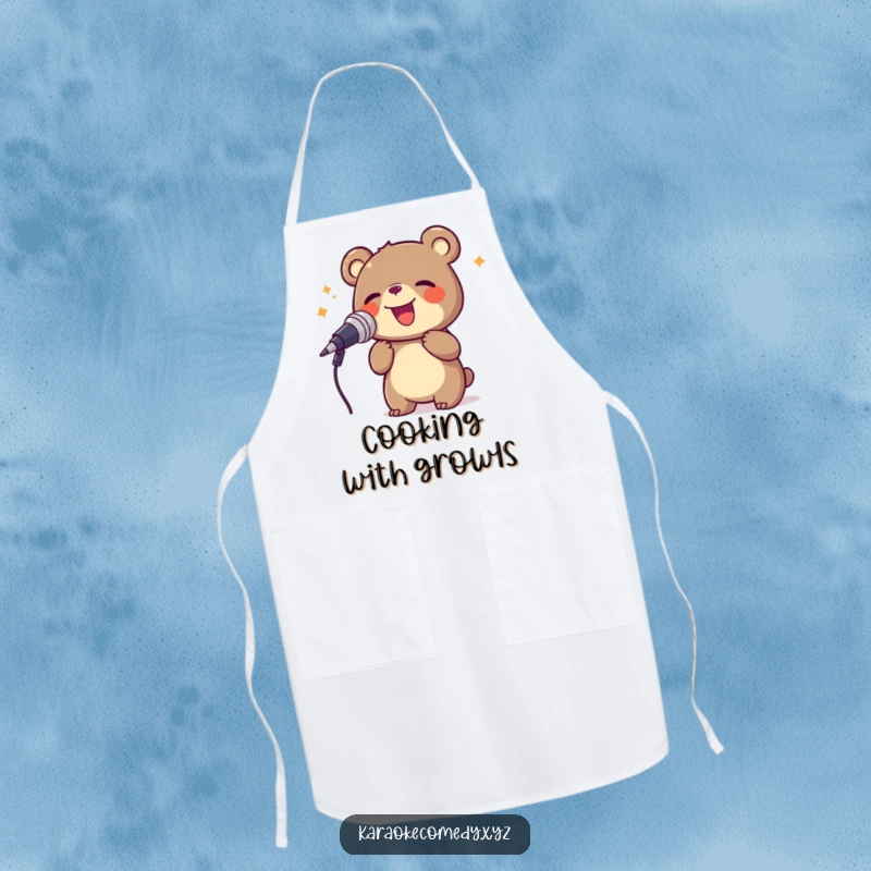 Funny bear singing into a large microphone, practical and humorous apron for cooks.