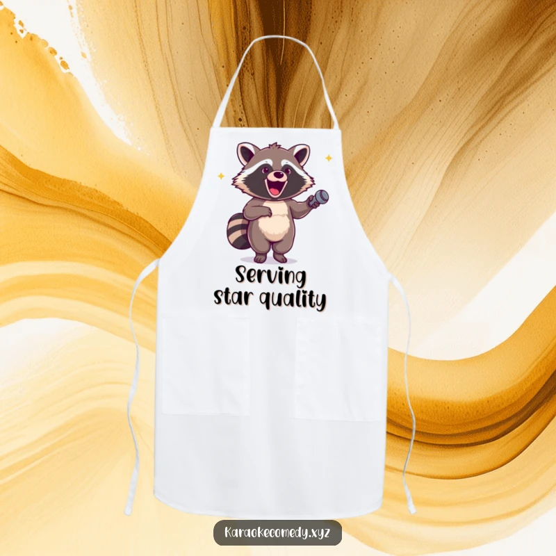Funny apron with an excited raccoon holding a microphone, dancing with glee while preparing delicious food.