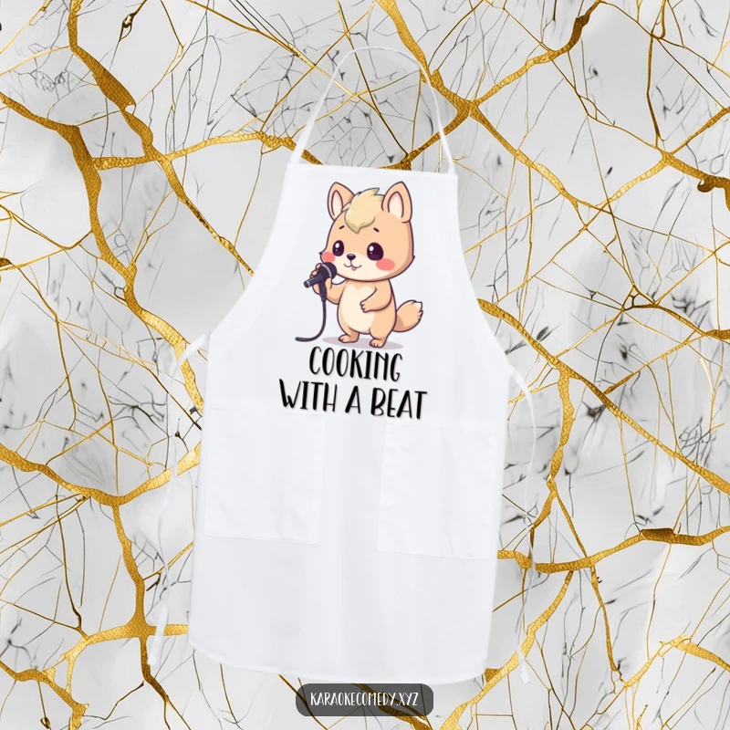 Funny Apron featuring an animal bopping its head with enthusiasm while holding a karaoke microphone, perfect for kitchen karaoke sessions.