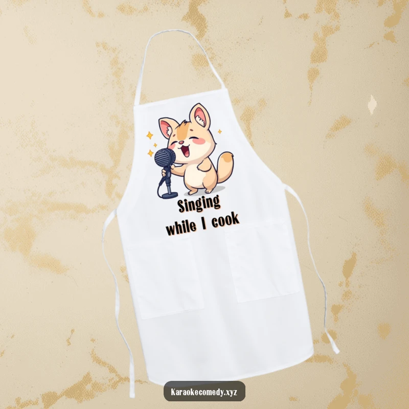 Funny Apron with a small animal belting out a tune into a microphone, ready to add a humorous touch to cooking and baking adventures.