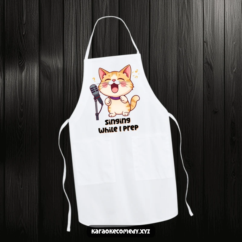 Funny cat with microphone, singing joyfully in the kitchen, practical and humorous apron for cooks.