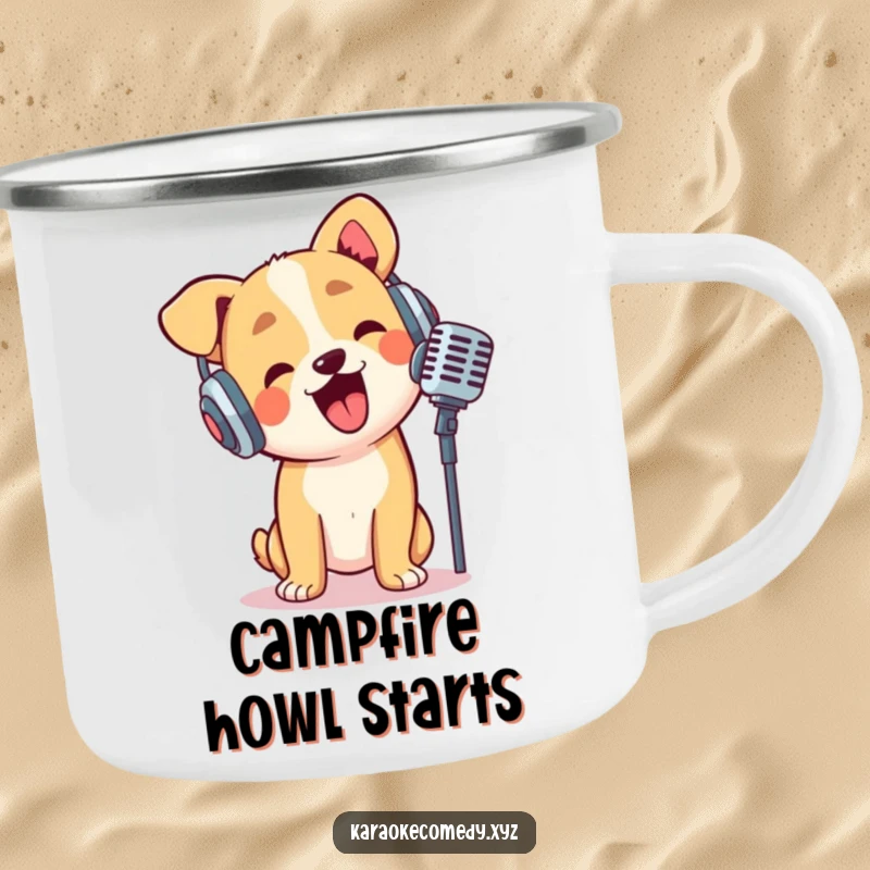 Funny dog wearing headphones, enthusiastically crooning into a mic, sturdy camping mug for the outdoors.