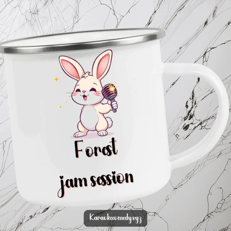 Funny rabbit with a sparkly microphone, striking a dramatic pose, sturdy camping mug for outdoor fun.