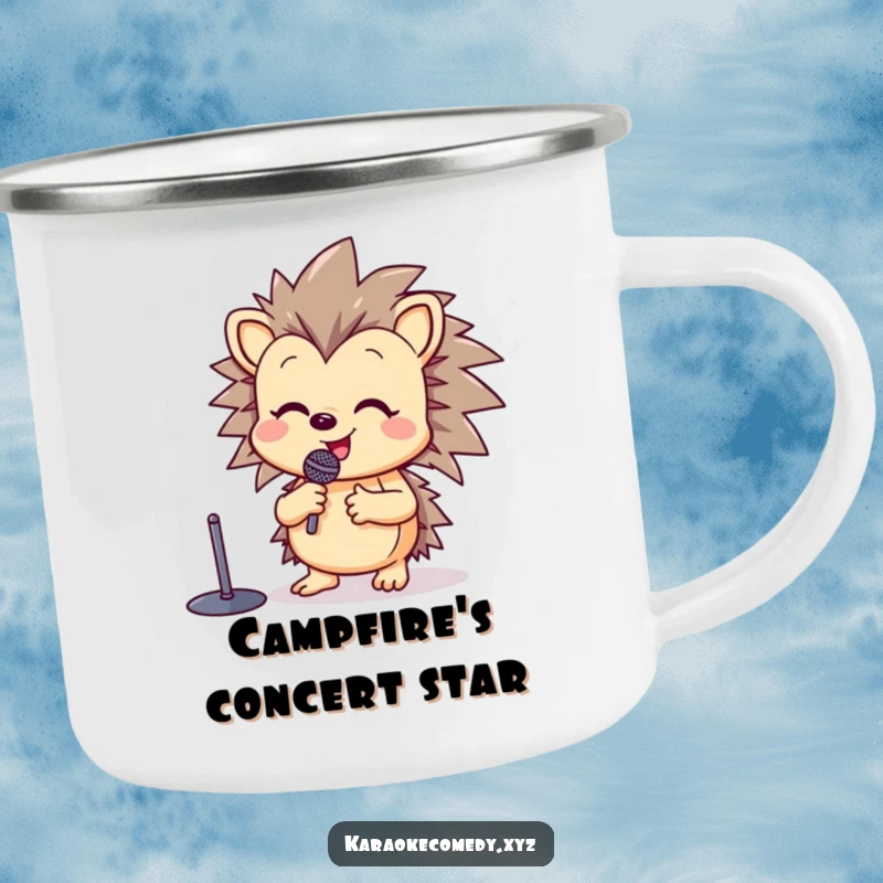 Funny camping mug with a happy hedgehog at a microphone stand, raising a paw in song, perfect for outdoors.