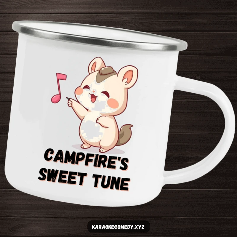 Funny Camping Mug of a small animal joyfully pointing at a bouncing musical note, ready for outdoor music adventures.