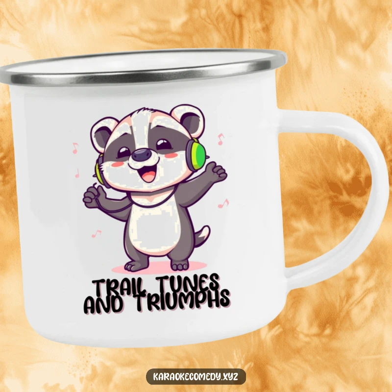 Funny camping mug with a badger wearing headphones, dancing and singing, ideal for outdoor adventures.