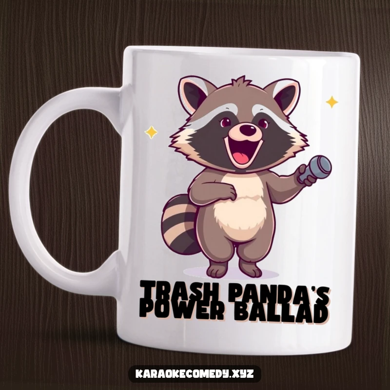 Funny mug showcasing an excited raccoon holding a microphone and dancing with pure, unadulterated glee.
