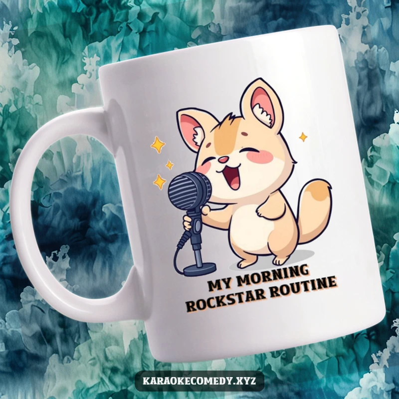 Funny Mug featuring a small, adorable animal with a huge grin, passionately singing into an oversized microphone, radiating pure joy.