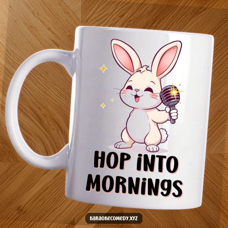 Funny rabbit with a sparkly microphone, striking a dramatic pose, a diva ready to perform mug.
