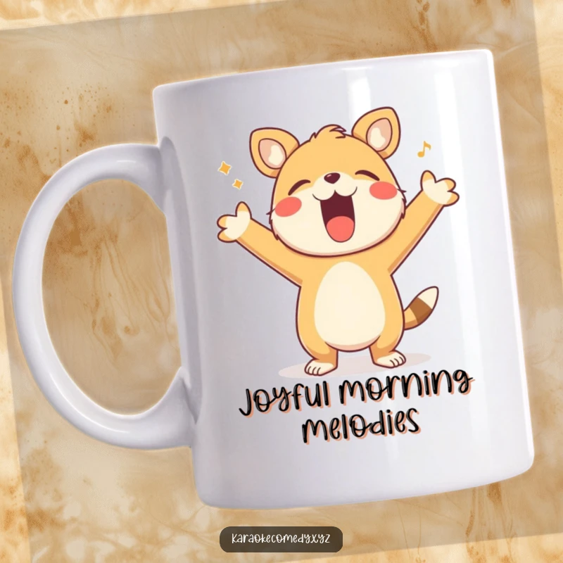 Funny Mug showing a happy animal with its arms outstretched, singing loudly with pure, uninhibited joy and enthusiasm.