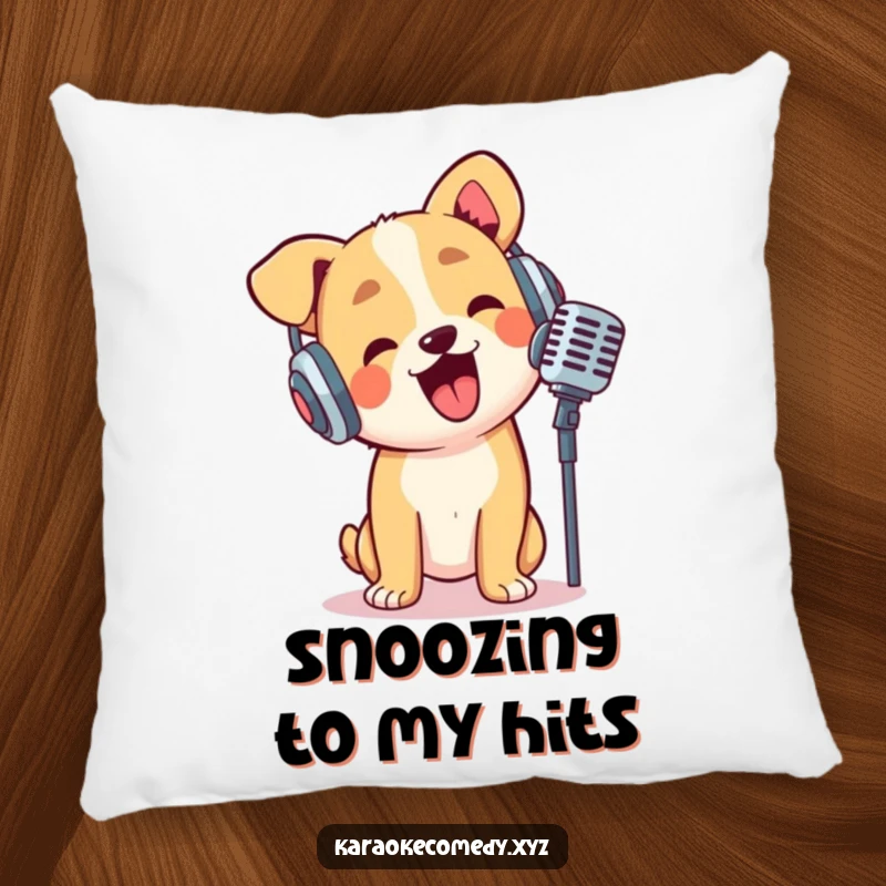 Funny dog wearing headphones, crooning into a large microphone, soft and humorous decorative pillow.