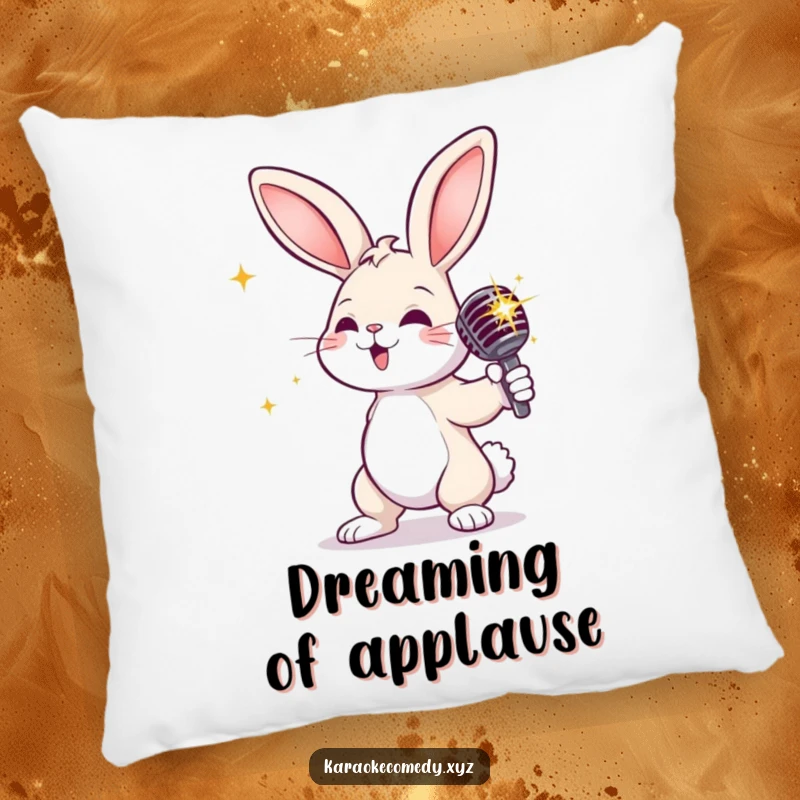 Funny rabbit with a sparkly microphone, striking a dramatic pose, soft and glamorous decorative pillow.