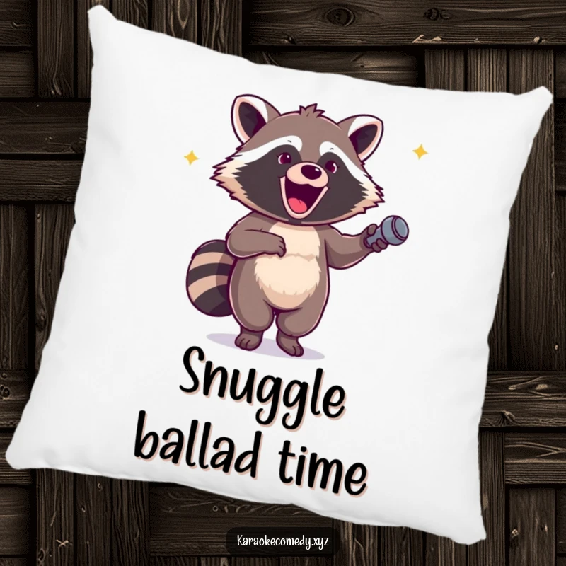 Funny pillow featuring an excited raccoon holding a microphone, dancing with pure glee and vibrant energy.