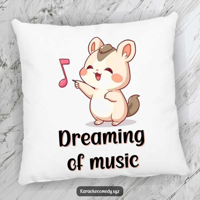 Funny Pillow with a small animal joyfully pointing at a bouncing musical note, offering comfort and a cheerful musical vibe.