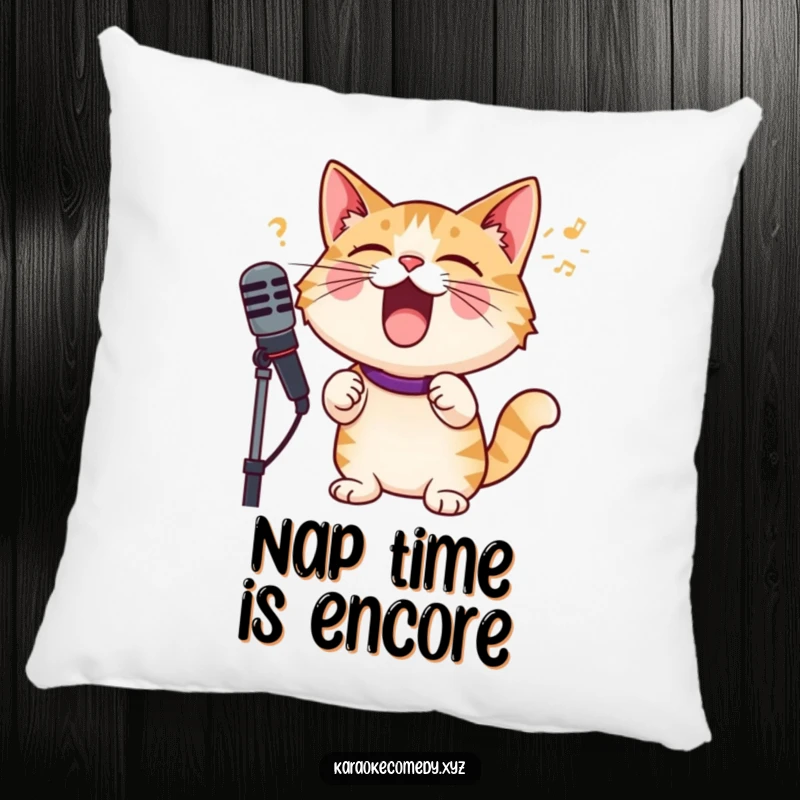 Funny cat with microphone, singing with immense joy, soft decorative pillow for cat and music lovers.