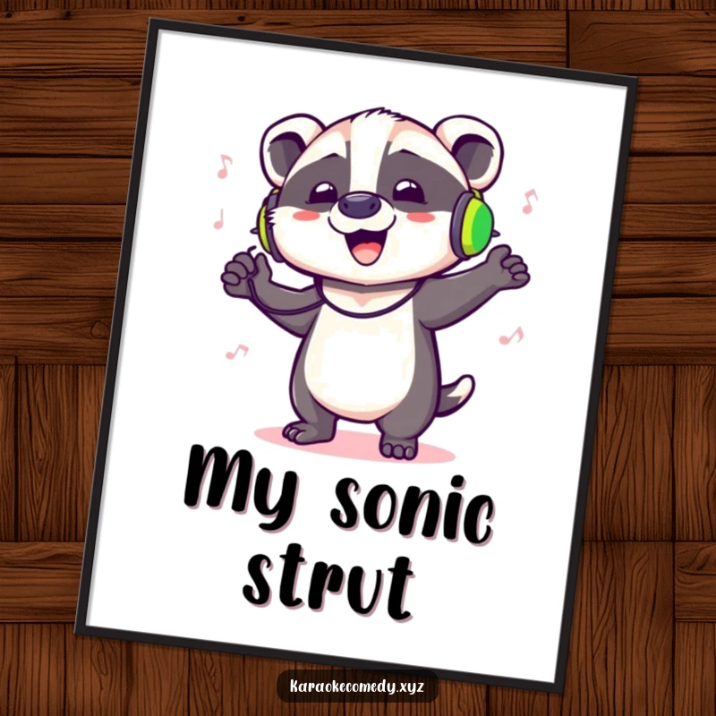 Funny digital art print of a badger with headphones, dancing joyfully and singing with pure enthusiasm.