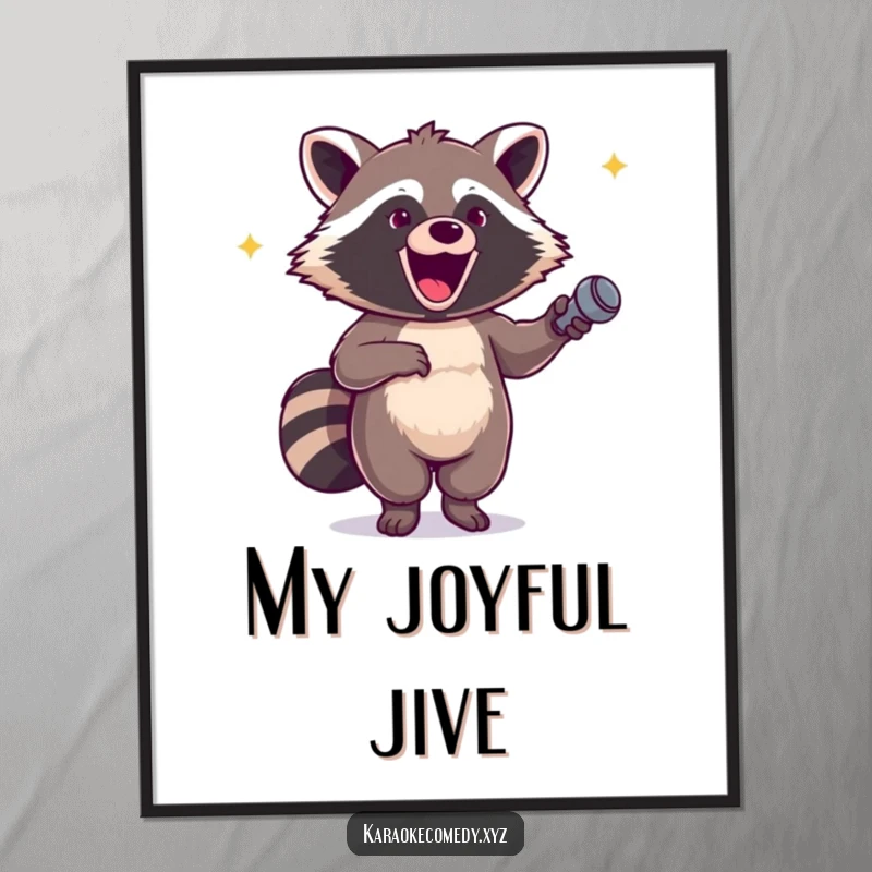 Funny digital art print of an excited raccoon holding a microphone, dancing with infectious glee and joy.