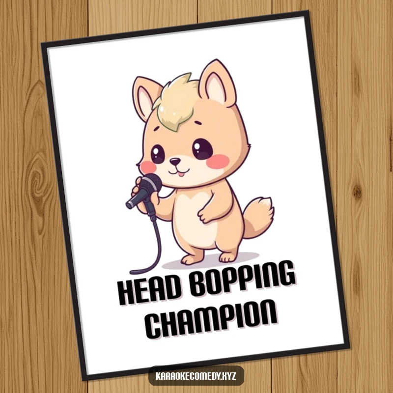 Funny Digital Art Print of an animal bopping its head enthusiastically while holding a karaoke microphone, radiating musical joy.