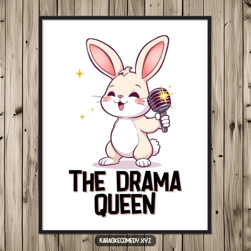Funny rabbit with a sparkly microphone, striking a dramatic pose, high-resolution digital art print.