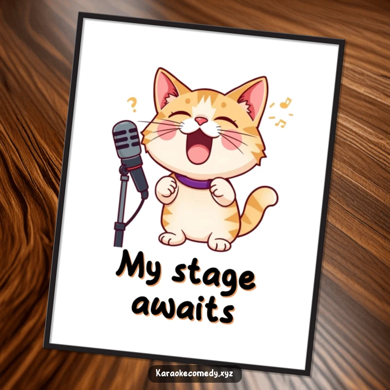 Funny cat with microphone, singing with joyful abandon, high-resolution digital art print for instant decor.