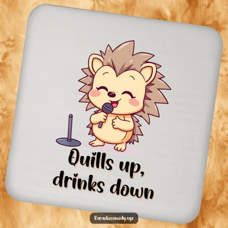 Funny drink coaster featuring a happy hedgehog at a microphone stand, raising a paw in song.