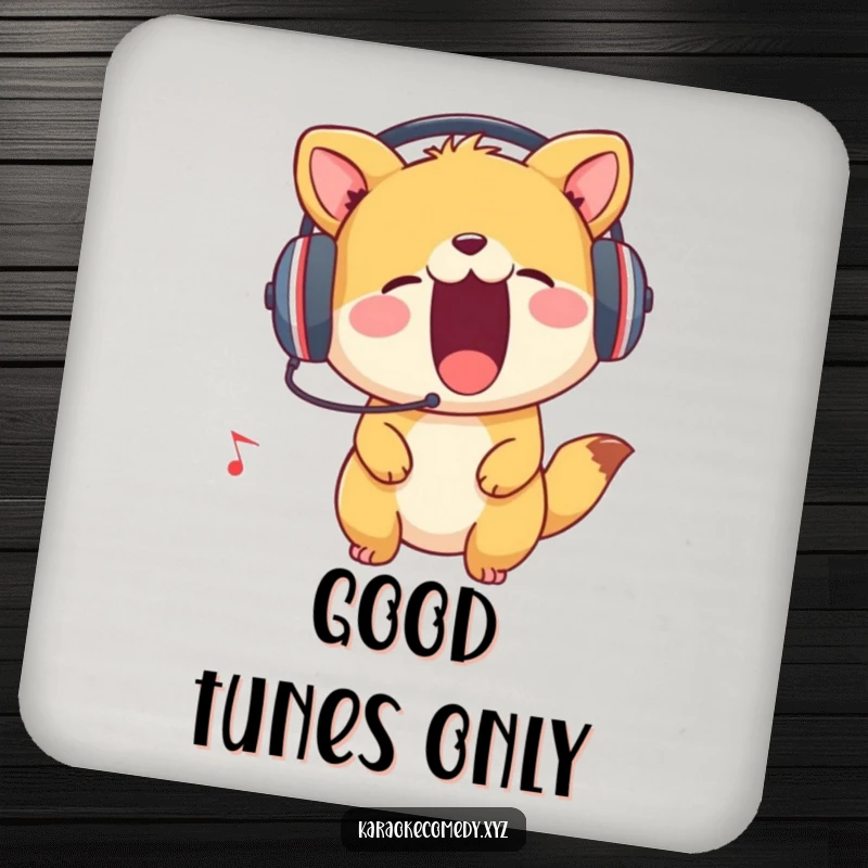 Funny Drink Coaster showing an animal wearing headphones, enthusiastically singing, adding a humorous musical touch to any setting.