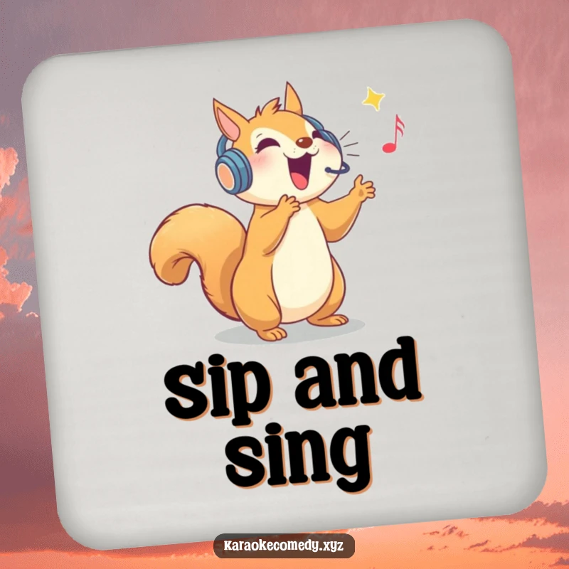 Funny drink coaster featuring an ecstatic squirrel in a sparkly headset, hitting a high note.