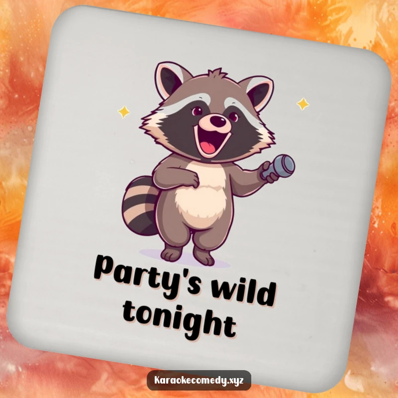 Funny drink coaster featuring an excited raccoon holding a microphone and dancing with pure glee.