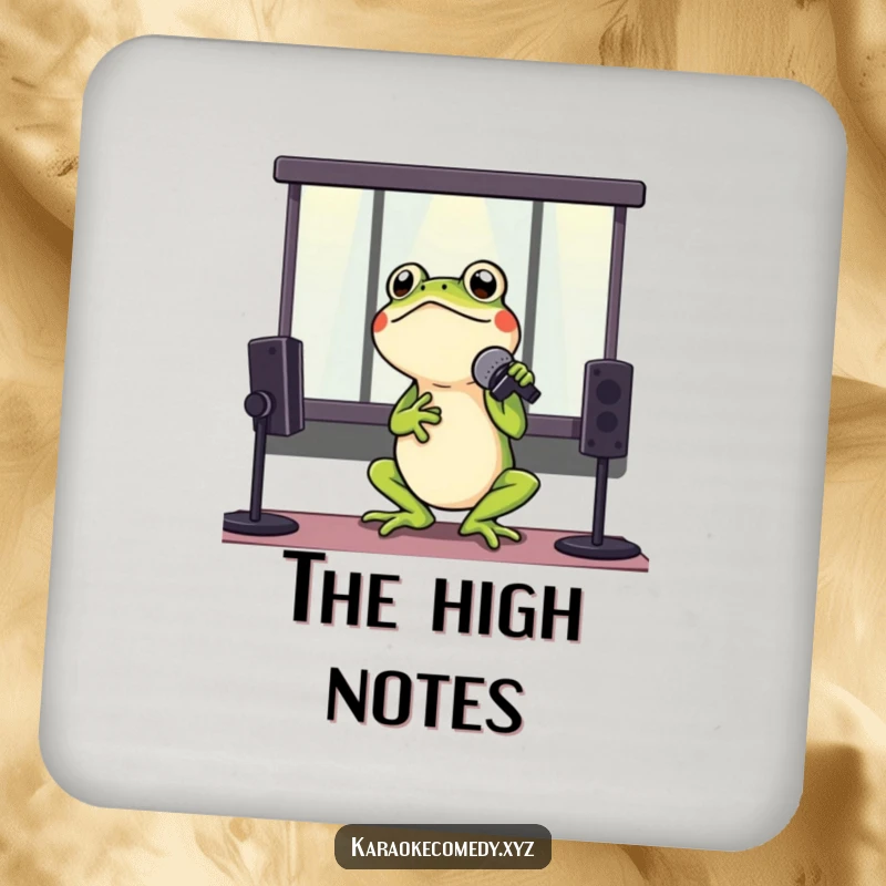 Funny drink coaster featuring a frog holding a microphone, ready to sing a tune for your beverage.