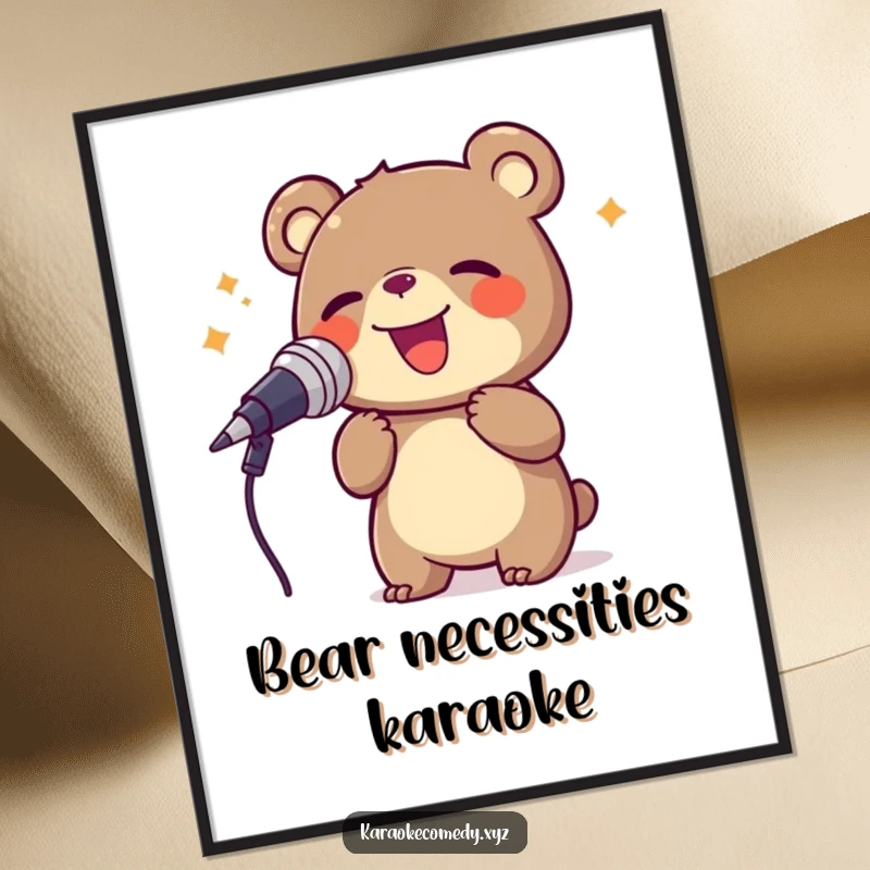 Funny bear joyfully singing into a large microphone, vibrant wall art for music and nature fans.