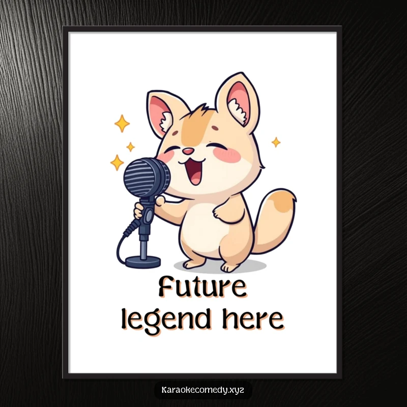 Funny Poster of a small animal with eyes closed, singing with gusto into a large microphone, a true miniature rockstar.