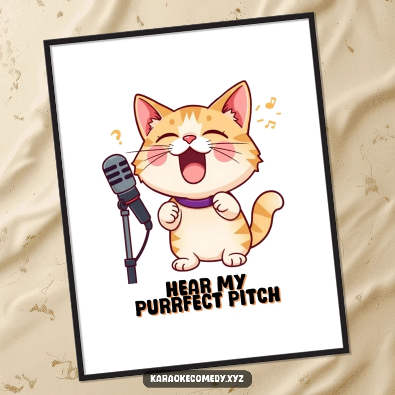 Funny cat with microphone, singing with ultimate joy, vibrant wall art for music lovers and cat fans.