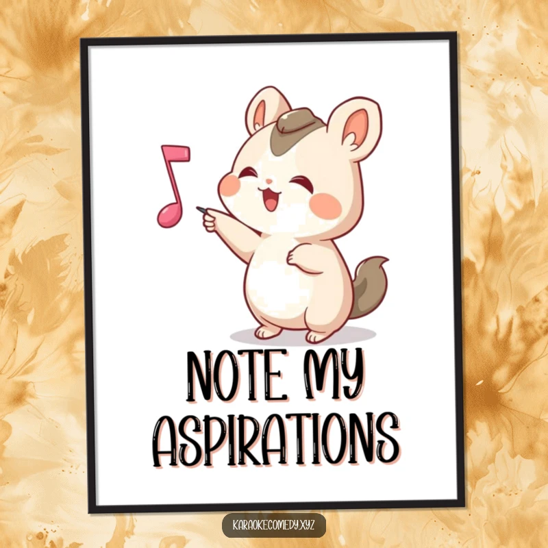 Funny Poster of a small animal joyfully pointing at a bouncing musical note, conveying excitement and a love for rhythm.