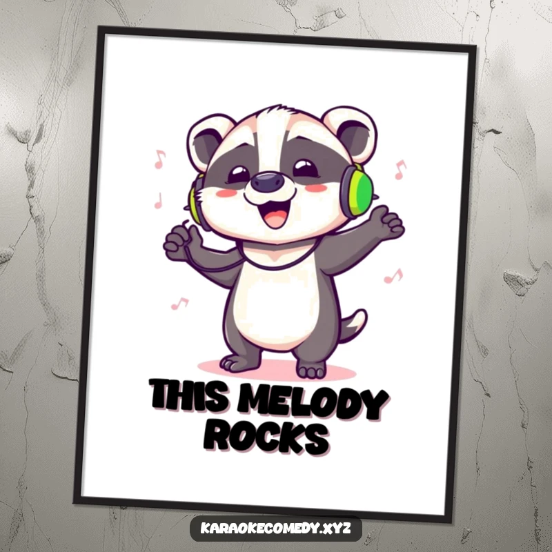 Funny poster of a badger with headphones, dancing enthusiastically and singing loudly, radiating positive energy.