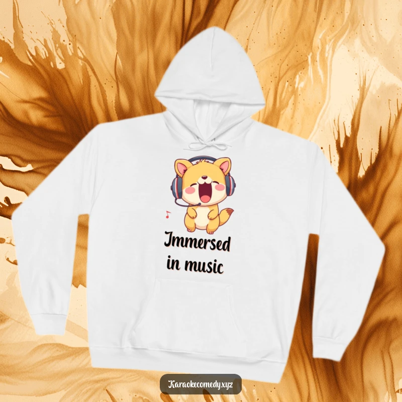 Funny Hoodie featuring an animal wearing headphones, enthusiastically singing along to music, radiating cool and musical vibes.