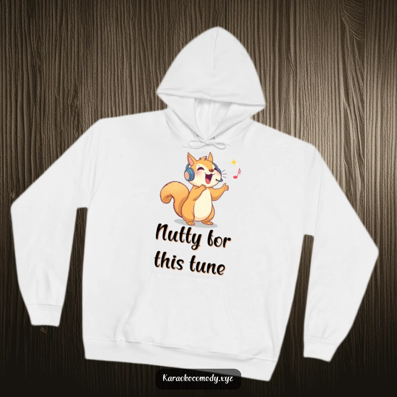 Funny hoodie featuring an ecstatic squirrel wearing a sparkly headset, hitting a powerful high note.