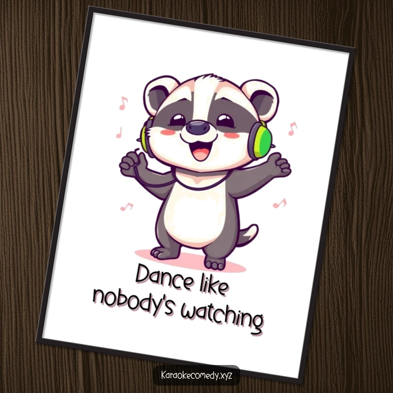 Funny Free Printable Wall Art: A badger with headphones dances energetically, lost in the music, radiating joy.