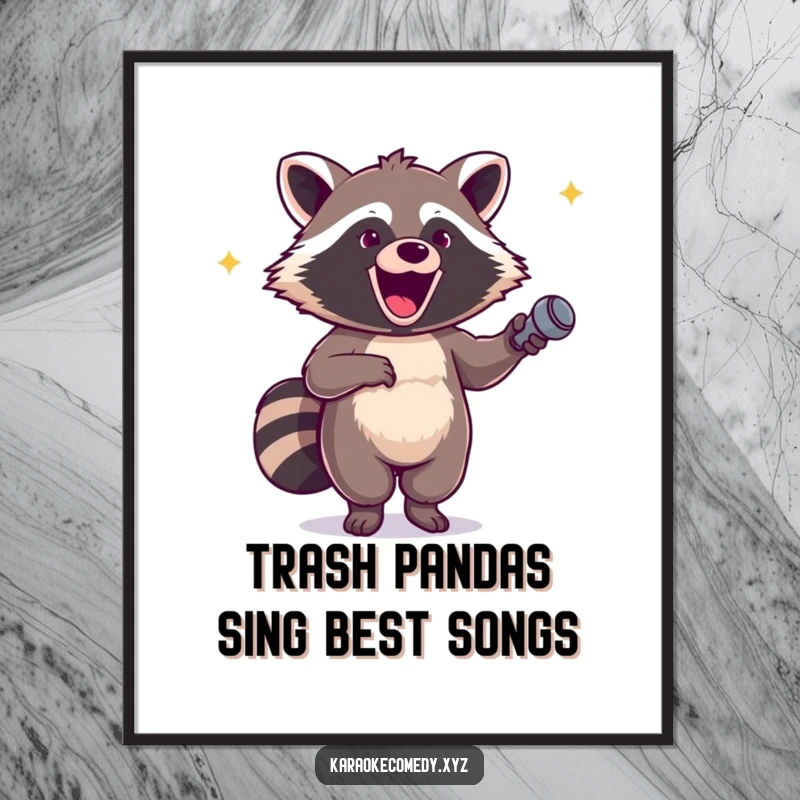 Funny Free Printable Wall Art: An excited raccoon with a microphone dances with unbridled glee, embodying party spirit.