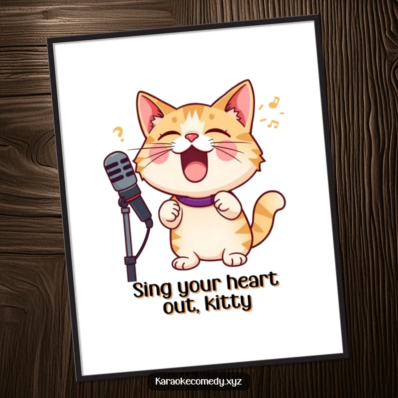 Funny Free Printable Wall Art: A cat confidently singing into a microphone like a rock star, full of joy and musical passion.