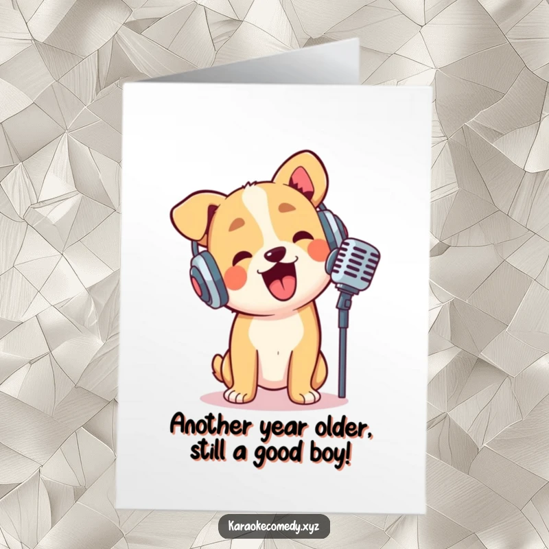 Funny Free Printable Birthday Card: A dog wearing headphones, enthusiastically singing into a microphone with pure joy and musical energy.