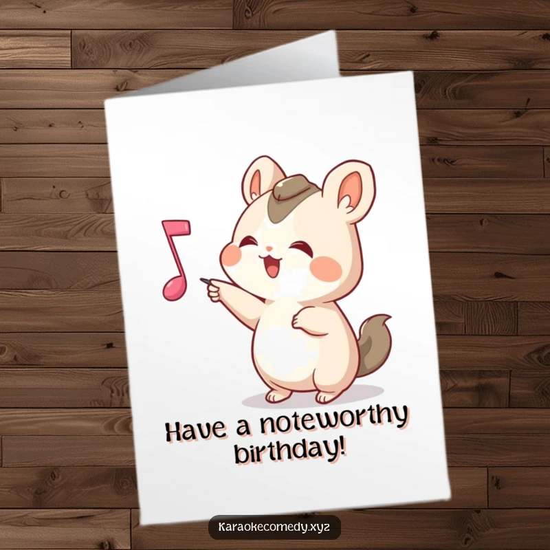 Funny Free Printable Birthday Card: A small animal joyfully points at a bouncy musical note, celebrating festivity.