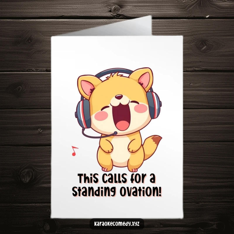 Funny Free Printable Congrats Card: An animal passionately belts a tune while wearing headphones, lost in the music.