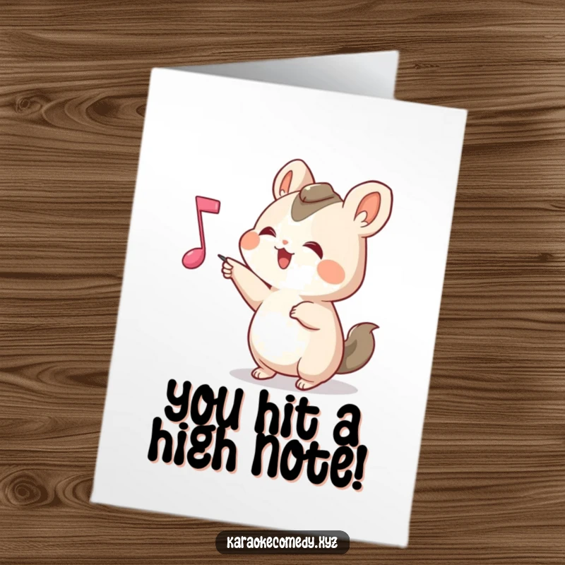 Funny Free Printable Congrats Card: A happy animal joyfully points towards a bouncing musical note, celebrating success.