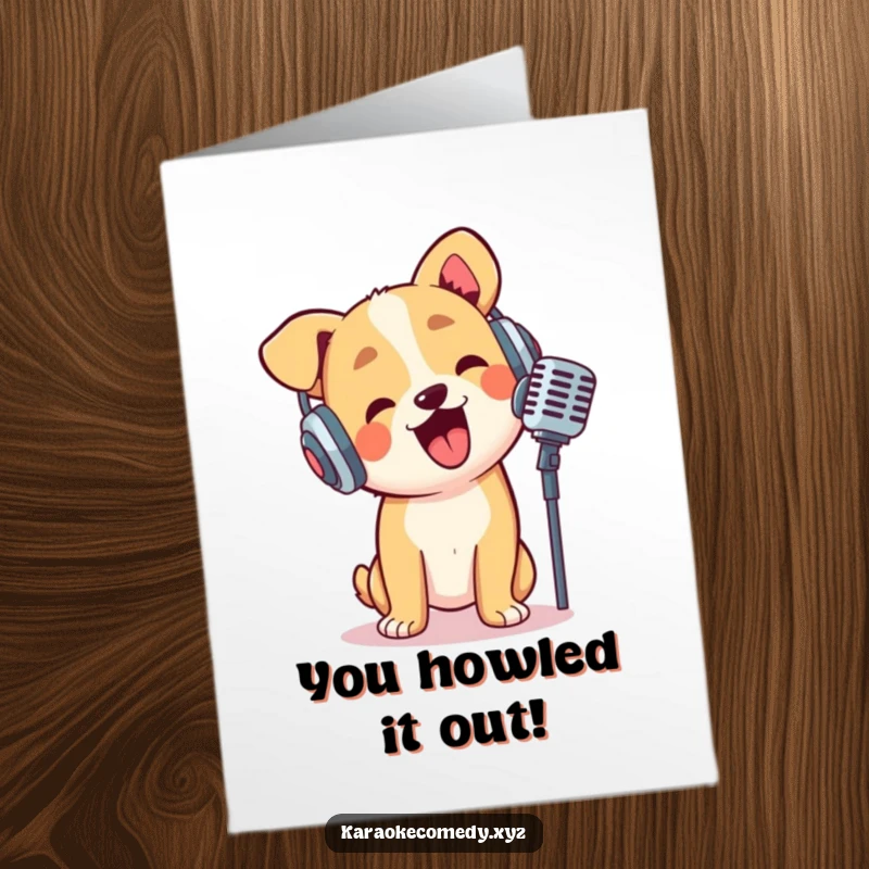 Funny Free Printable Congratulations Card: A dog in headphones, joyfully crooning into a microphone to celebrate a special achievement.