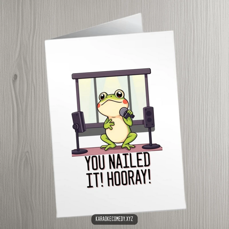 Funny Free Printable Congratulations Card: A singing frog hits a high note in a karaoke booth, celebrating a big win.