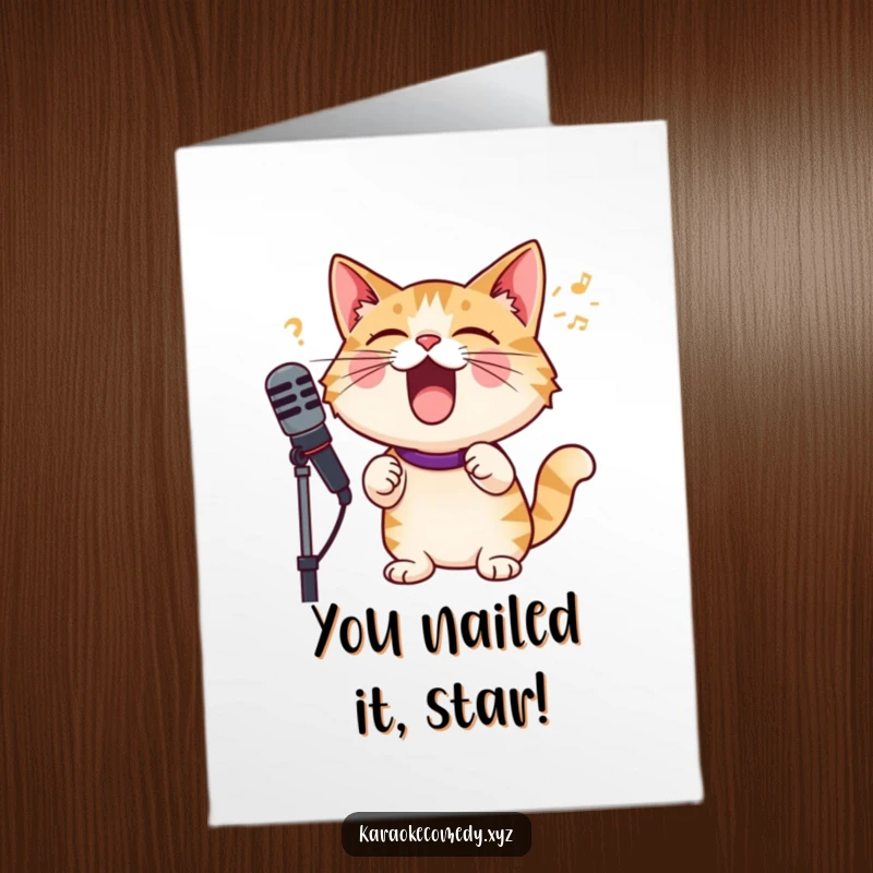 Funny Free Printable Congratulations Card: A cat crooning into a microphone, celebrating achievements with a loud, joyful song.