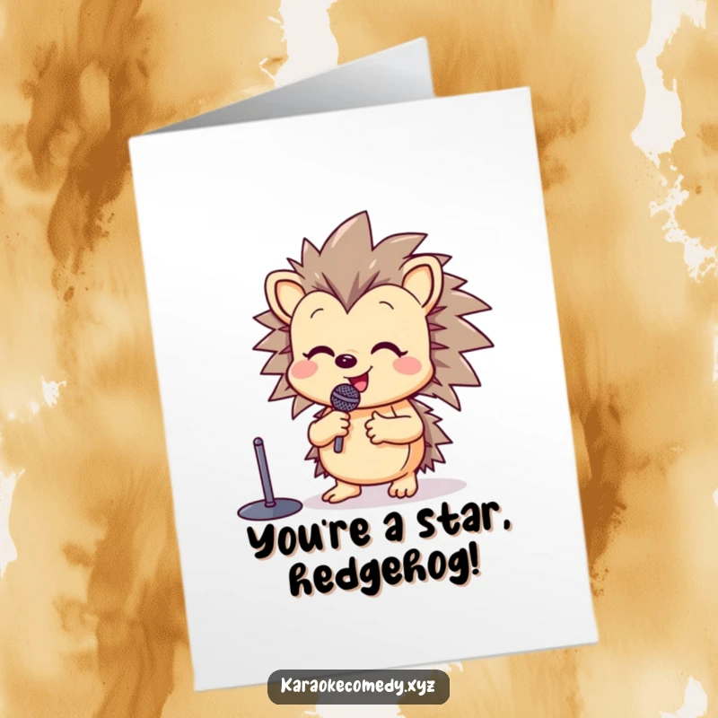 Funny Free Printable Congratulations Card: A happy hedgehog with a microphone stand raises a paw in song, celebrating victory.