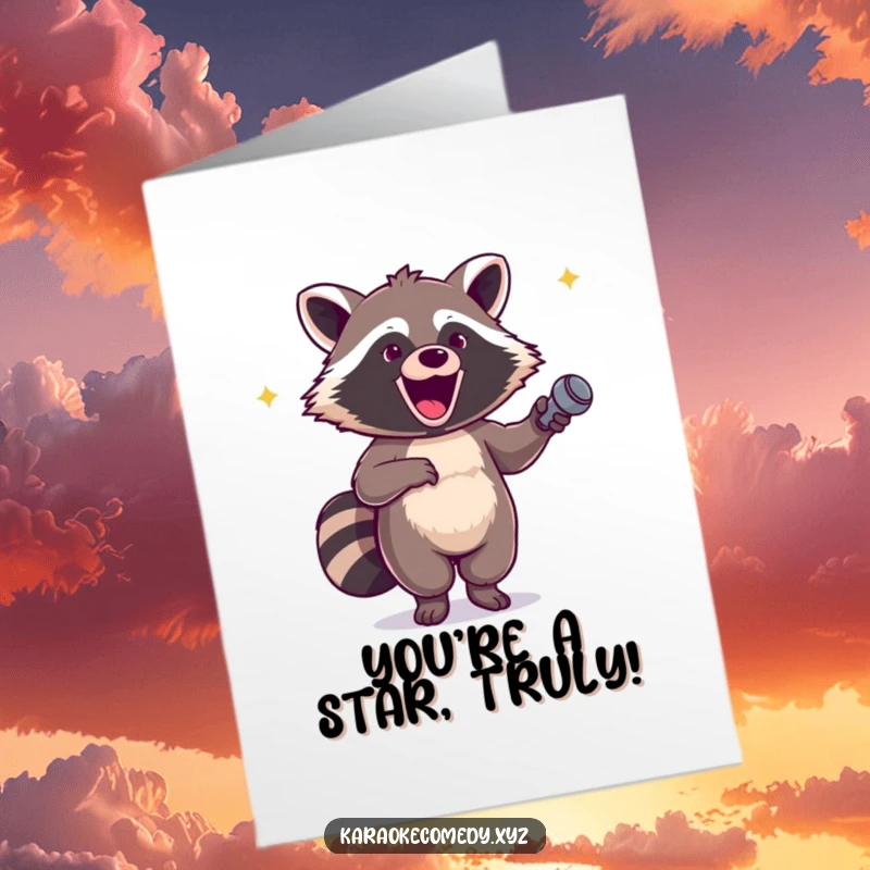 Funny Free Printable Congratulations Card: A raccoon holding a microphone dances with pure glee, celebrating a fantastic achievement.