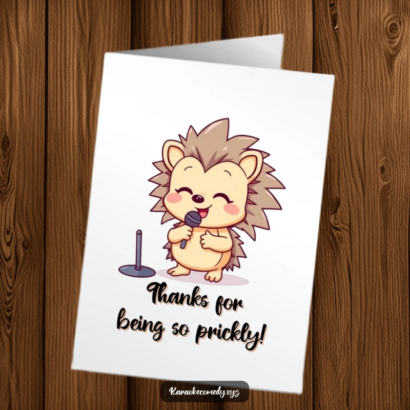 Funny Free Printable Thank You Card: A happy hedgehog at a microphone stand raises a paw in song, expressing thanks.